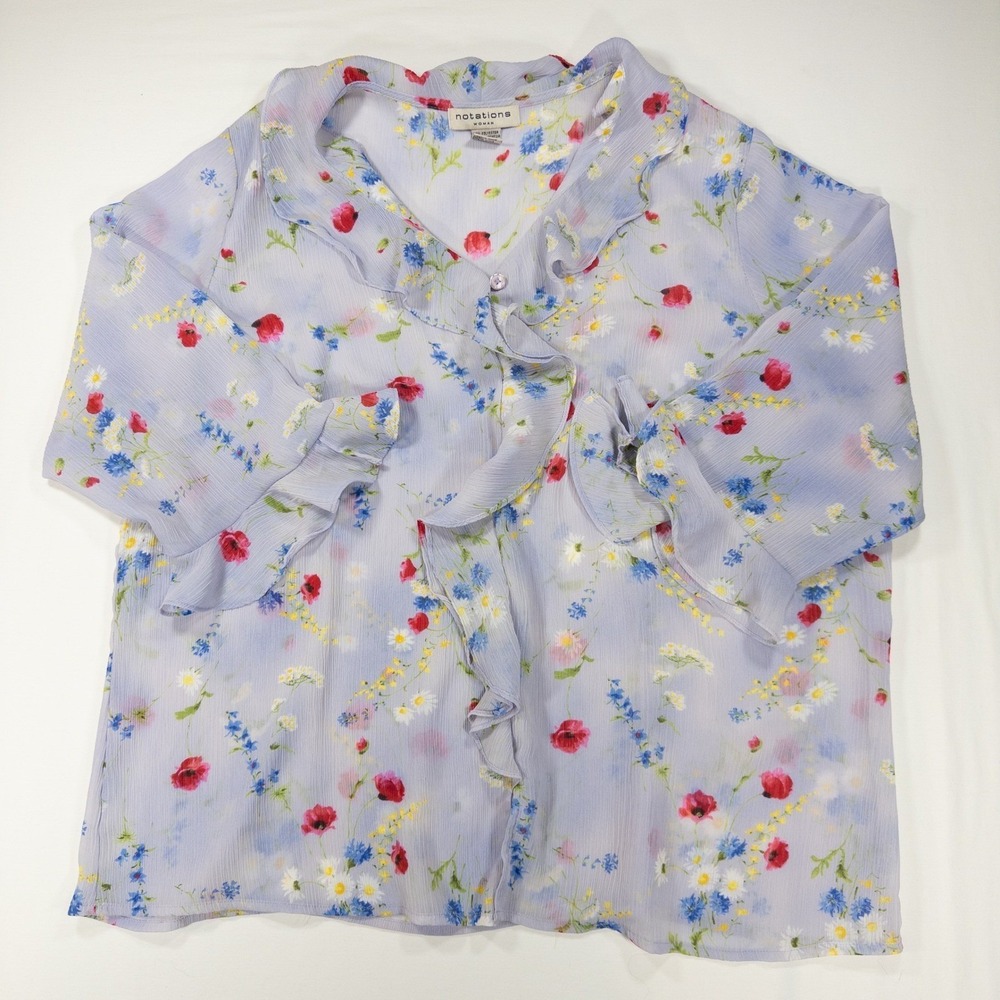Vtg Notations Woman Blue Floral Ruffle Blouse Plus 2X Sheer Top Cottagecore